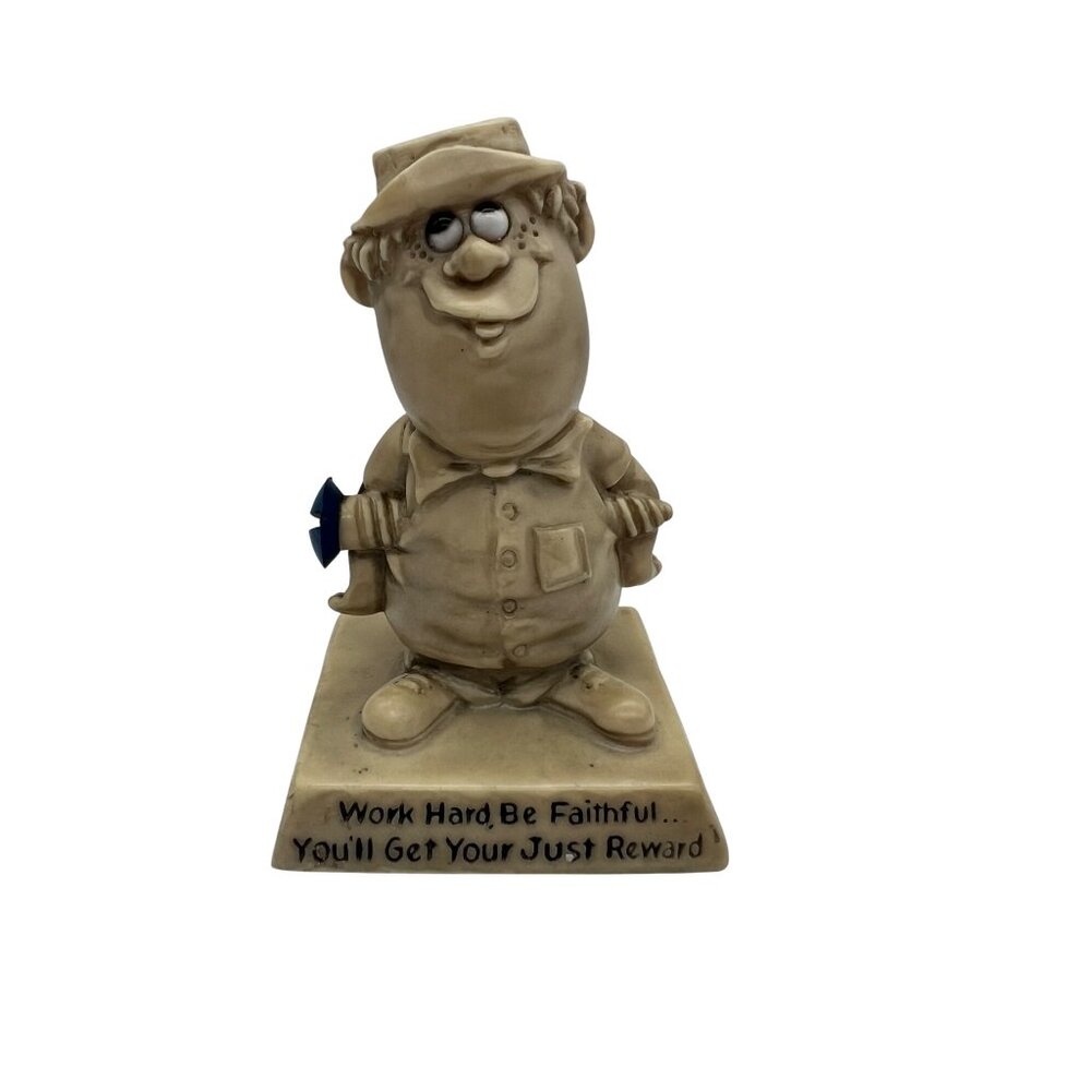 Vintage 1969 Russ Wallace Berrie “Work Hard Be Faithful” Novelty Figurine 4.5"